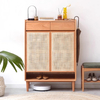 Solid Cherry Wood and Woven Rattan Entrance Shoe Cabinet
