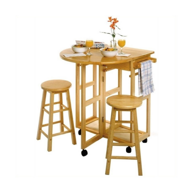 Mobile Breakfast Bar Table Set with 2 Stools in Natural