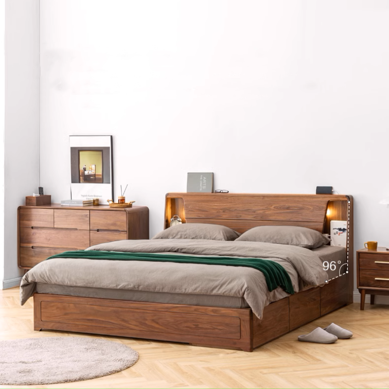Solid Wood Black Walnut Double Bed Storage Bed