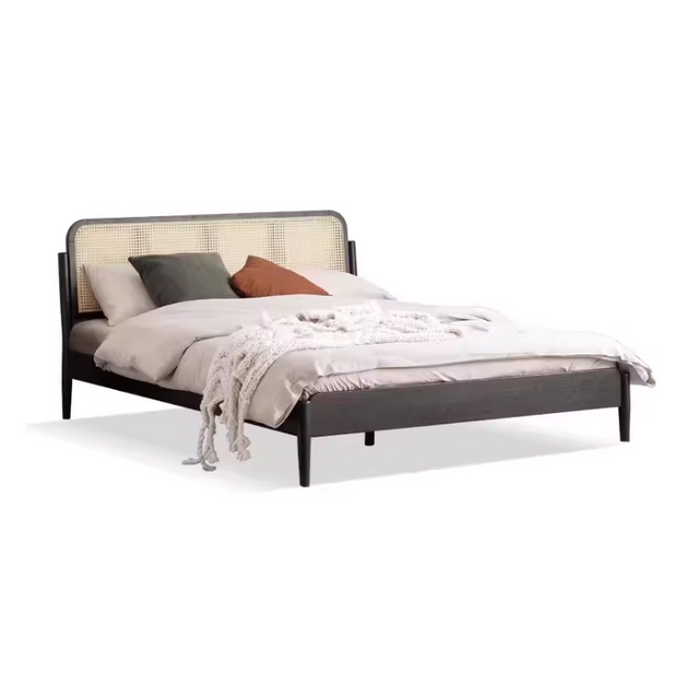 Solid Wood Rattan Black Bed