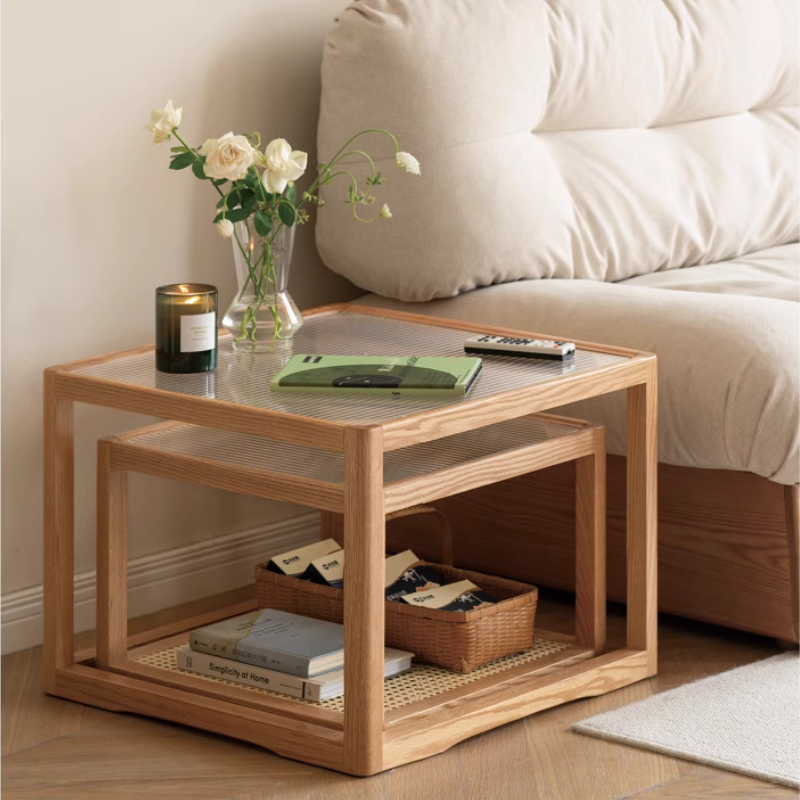 Solid Wood Rattan Glass Coffee Table