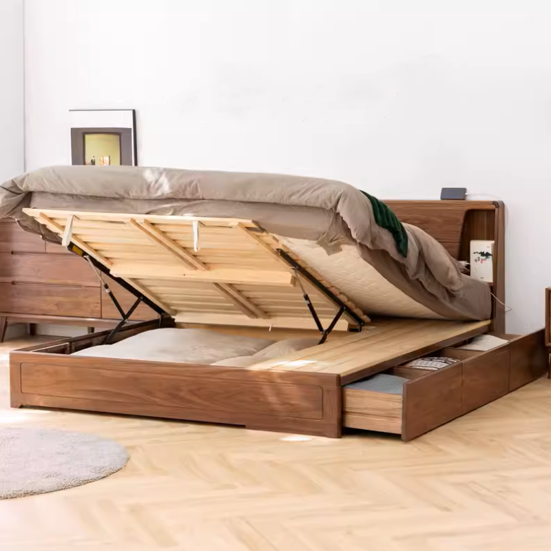 Solid Wood Black Walnut Double Bed Storage Bed
