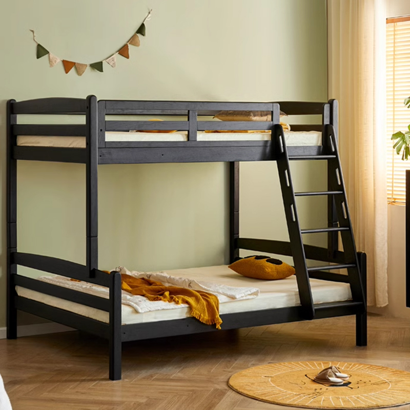 Full Solid Wood Black Detachable Double-layer Children's Bed