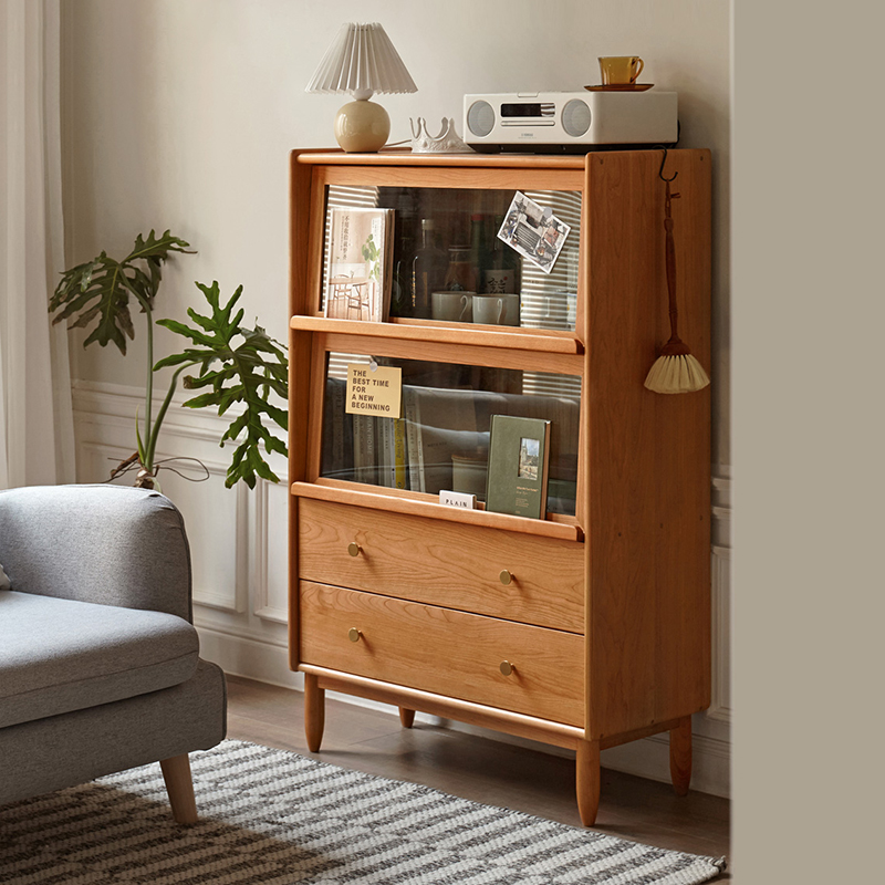 Cherry Wood Glass Flip Door Side Cabinet