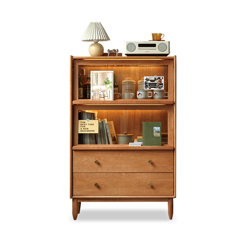 Cherry Wood Glass Flip Door Side Cabinet