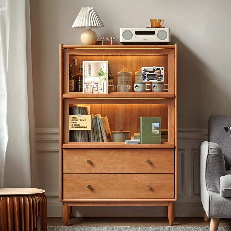 Cherry Wood Glass Flip Door Side Cabinet