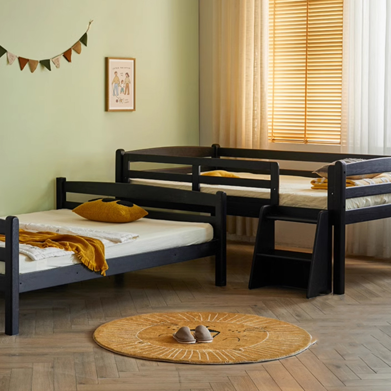 Full Solid Wood Black Detachable Double-layer Children's Bed